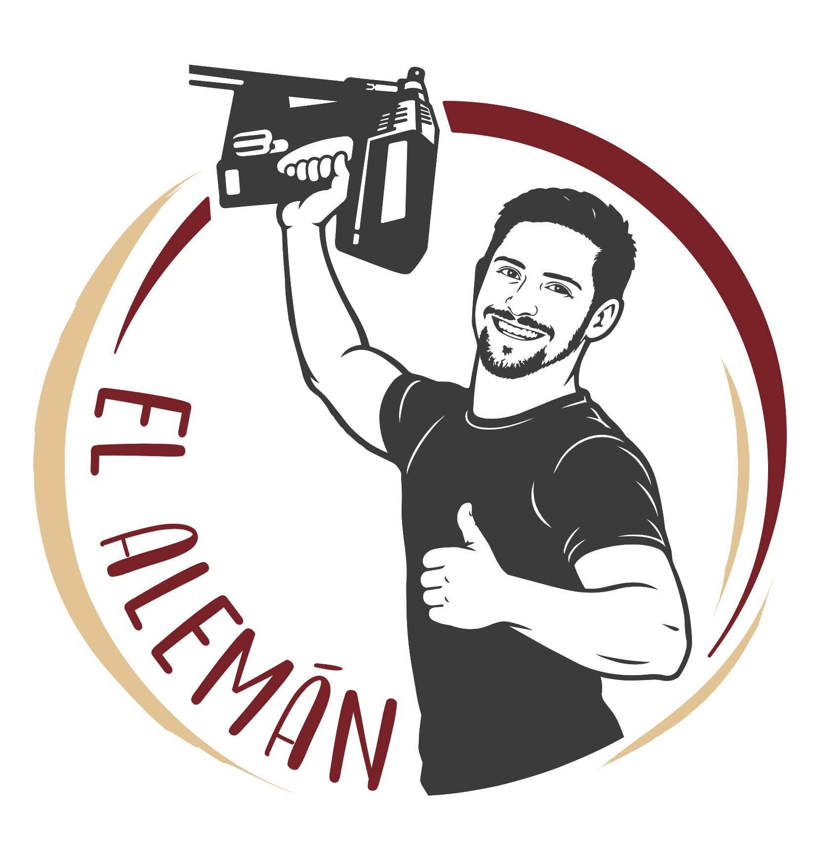 El Alemán: logo con artesano, herramienta y aros burdeos y dorados